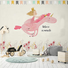 儿童房墙纸现代简约卡通北欧风粉色女孩卧室3d无缝无纺布网红壁纸