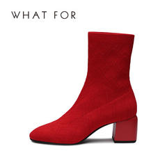 WHAT FOR2019秋季新款纯色时尚粗跟高跟鞋短筒靴子女短靴袜靴踝靴 红 35